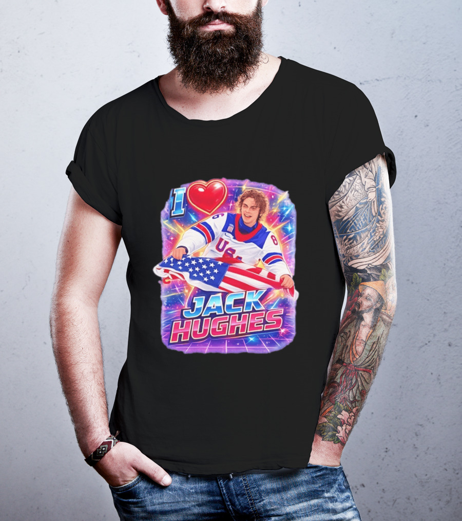 I Love Jack Hughes USA Hockey Flag Celebration T-Shirt