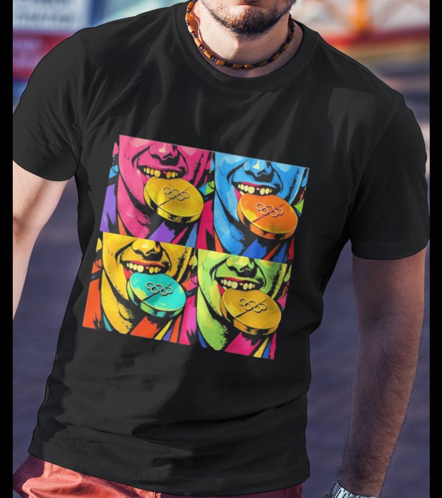 Jack Hughes Golden Goal Pop Art Olympic Medal T-Shirt