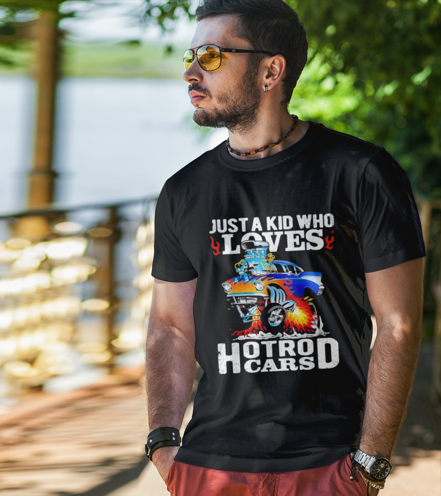Just A Kid Who Loves Hotrod Cars Cartoon Flames T-Shirt