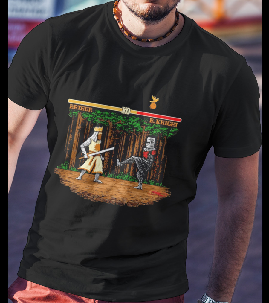 King Arthur Vs Black Knight KO Monty Python And The Holy Grail Pixel Art Forest Duel T-Shirt