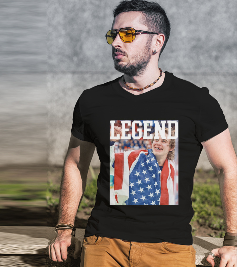 Men's Hockey USA Jack Hughes Legend American Flag Victory Celebration T-Shirt
