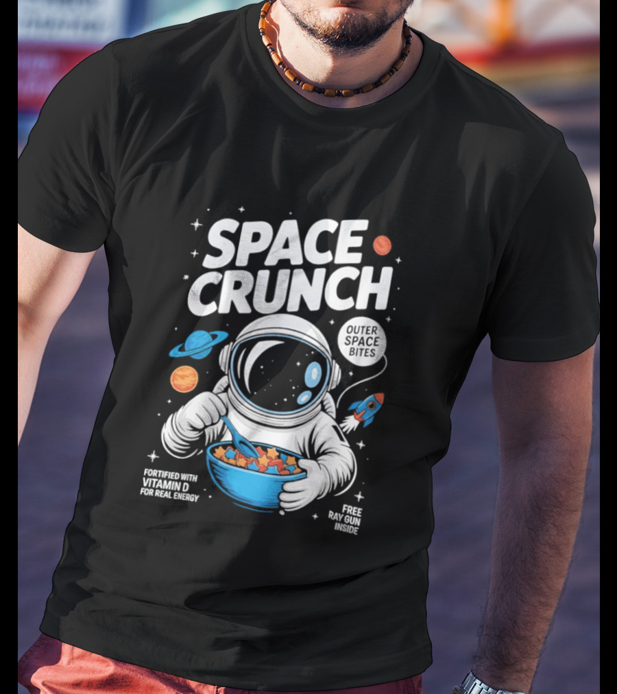 Space Crunch Outer Space Bites Astronaut Eating Cereal Planets Rockets T-Shirt