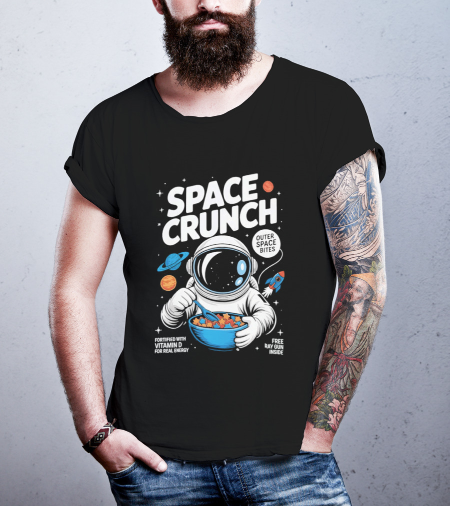 Space Crunch Outer Space Bites Astronaut Eating Cereal Planets Rockets T-Shirt