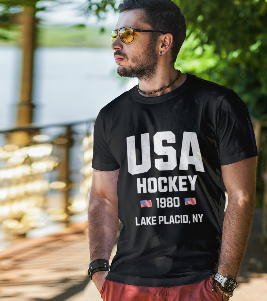 USA Hockey 1980 Lake Placid NY American Flags T-Shirt