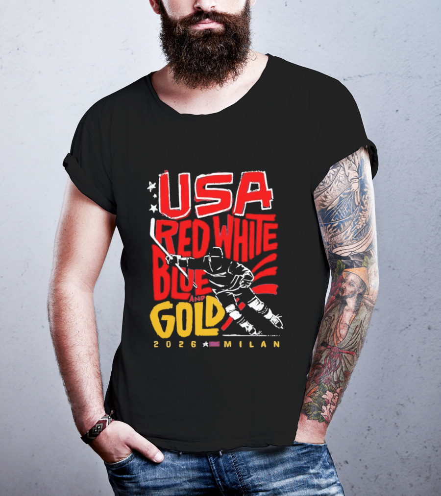 USA Hockey Red White Blue Gold 2026 Milan Sports Event T-Shirt