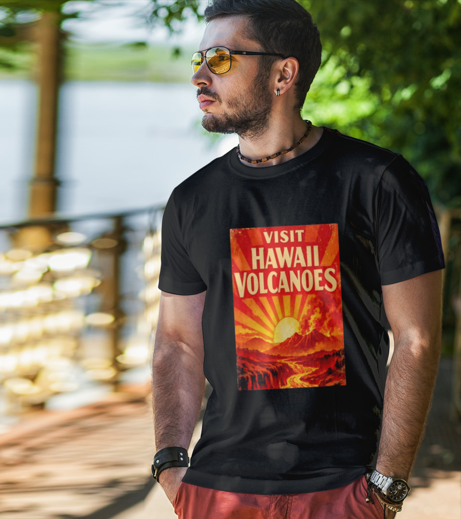 Visit Hawaii Volcanoes Vintage Travel With Erupting Mountain And Sunset Rays T-Shirt