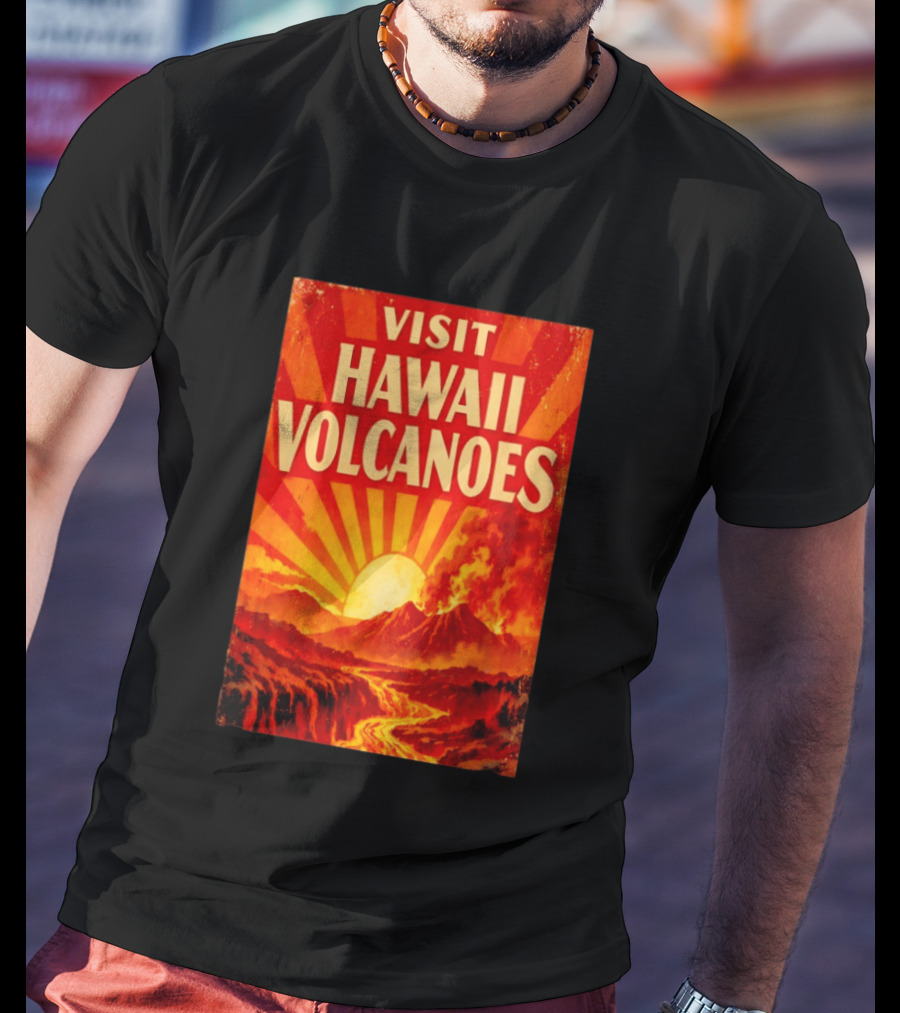 Visit Hawaii Volcanoes Vintage Travel With Erupting Mountain And Sunset Rays T-Shirt
