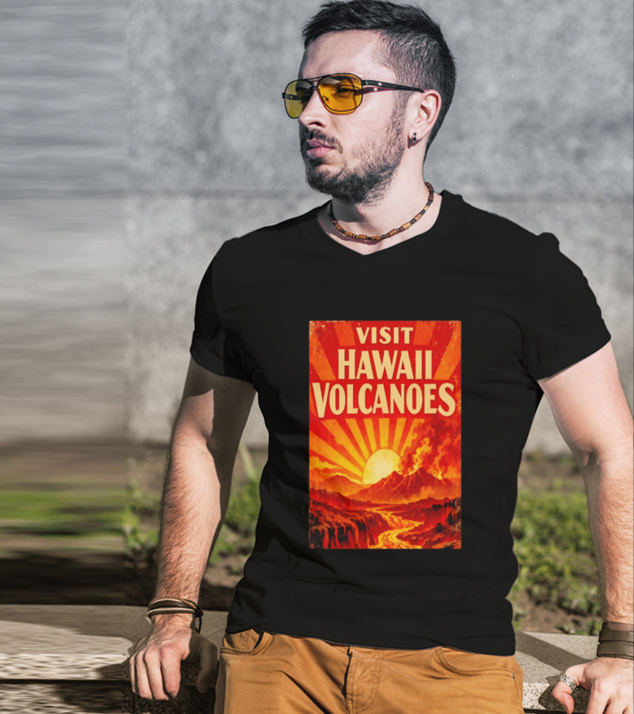 Visit Hawaii Volcanoes Vintage Travel With Erupting Mountain And Sunset Rays T-Shirt