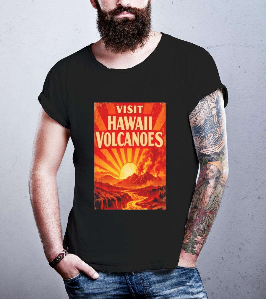 Visit Hawaii Volcanoes Vintage Travel With Erupting Mountain And Sunset Rays T-Shirt