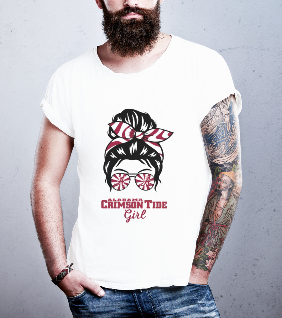 Alabama Crimson Tide Girl Messy Bun With Glasses And Bow T-Shirt
