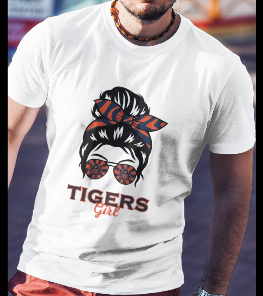 Auburn Tigers Girl Messy Bun Glasses Bow T-Shirt