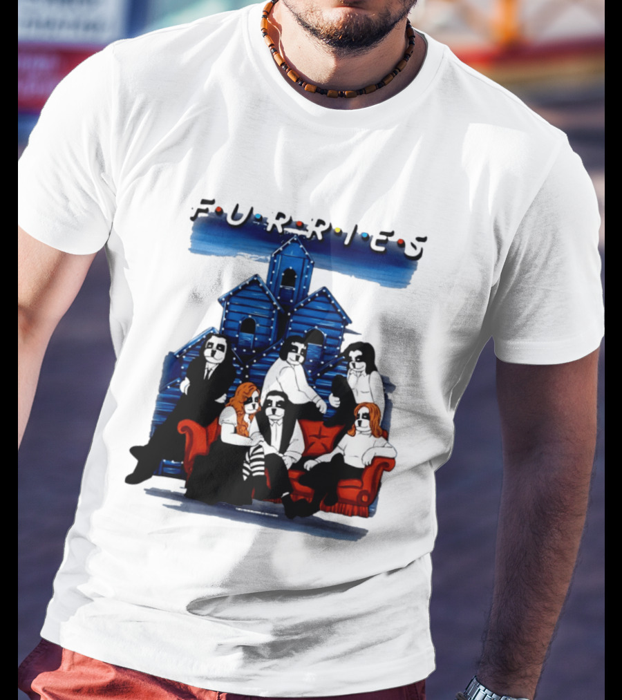Furries Friends Group Sitting In Front Of Blue Houses T-Shirt