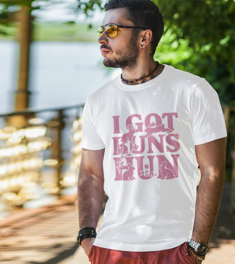 I Got Buns Hun Pink Bunny Art With Flowers T-Shirt