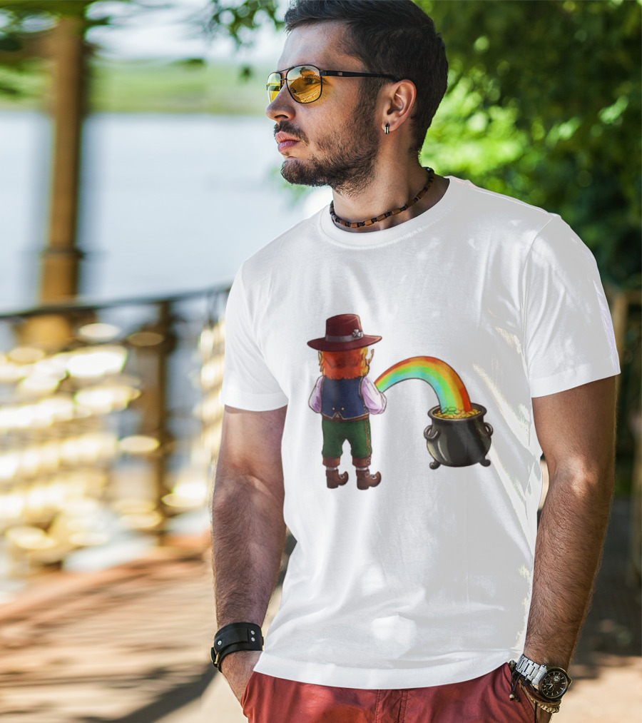 St Patricks Day Leprechaun Pissing Rainbow Into Pot Of Gold Meme T-Shirt