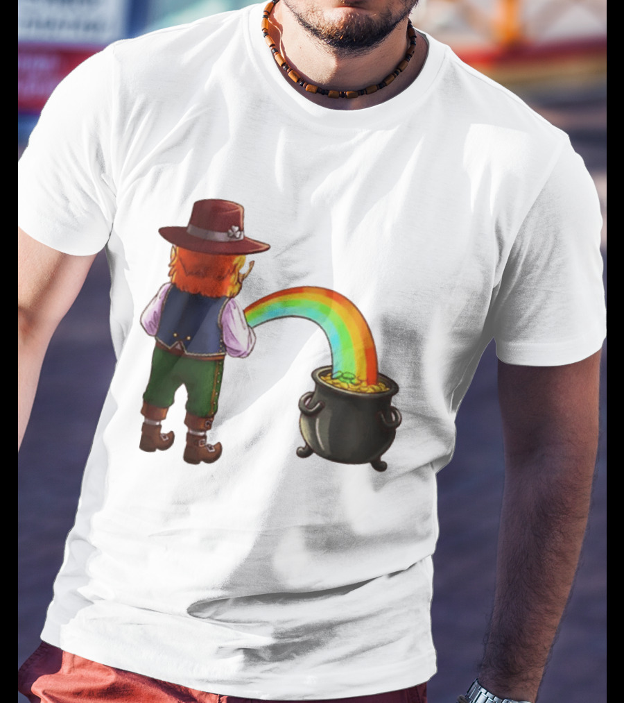 St Patricks Day Leprechaun Pissing Rainbow Into Pot Of Gold Meme T-Shirt