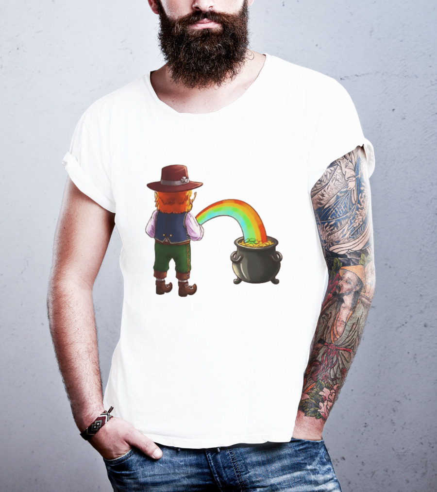 St Patricks Day Leprechaun Pissing Rainbow Into Pot Of Gold Meme T-Shirt