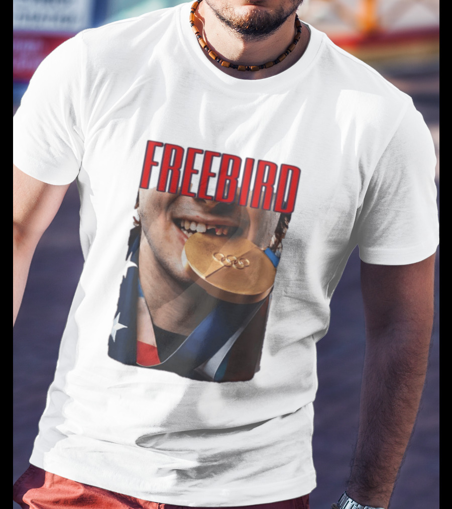 Jack Hughes Freebird Golden Smile Olympic Medal Bite T-Shirt
