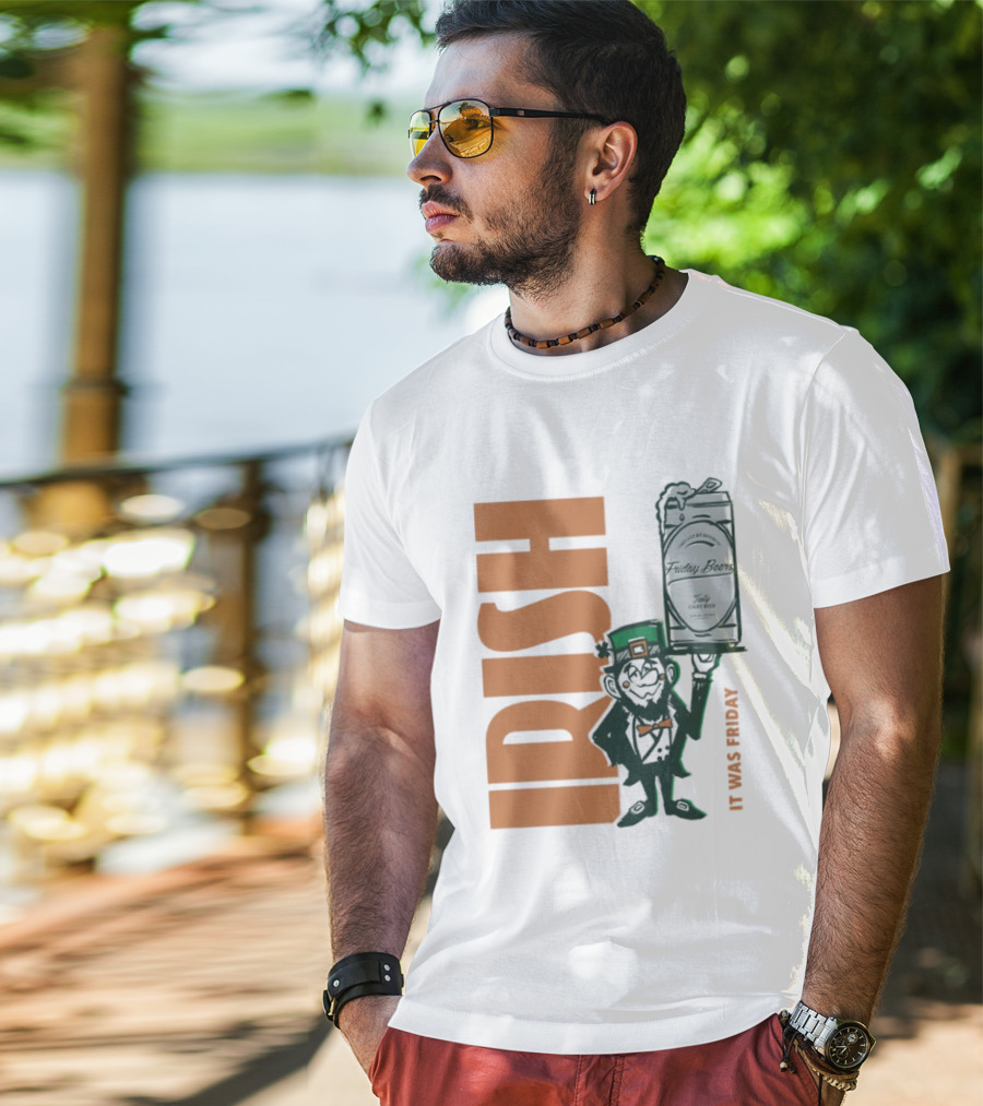 Leprechaun Holding Friday Beer Can Irish It Was Friday T-Shirt