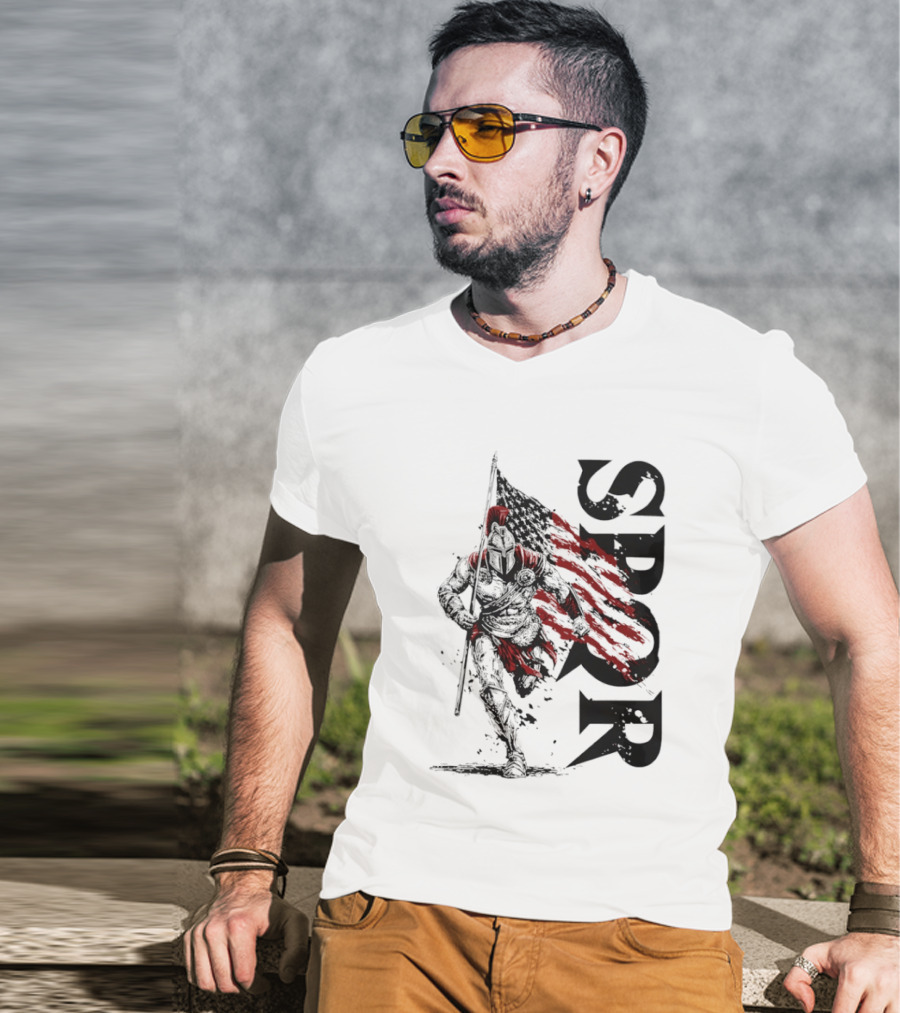 SPQR Roman Legion Knight With USA Flag T-Shirt