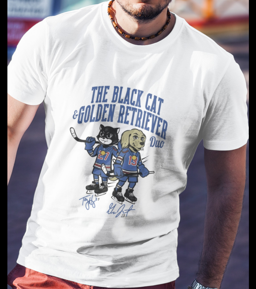 The Black Cat And Golden Retriever Duo Hockey Team 27 13 T-Shirt