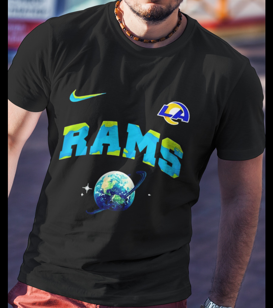 Los Angeles Rams Earth Day One Planet One Goal Nike Collaboration With LA Logo And Planet T-Shirt