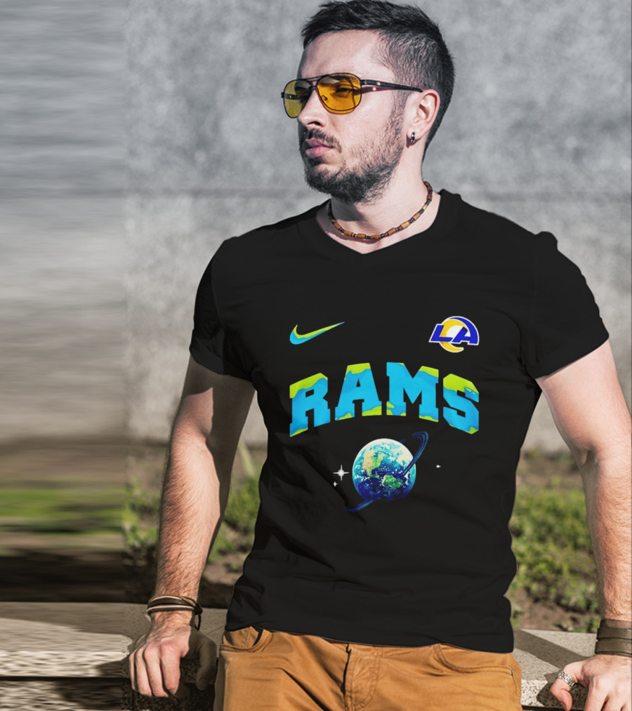Los Angeles Rams Earth Day One Planet One Goal Nike Collaboration With LA Logo And Planet T-Shirt