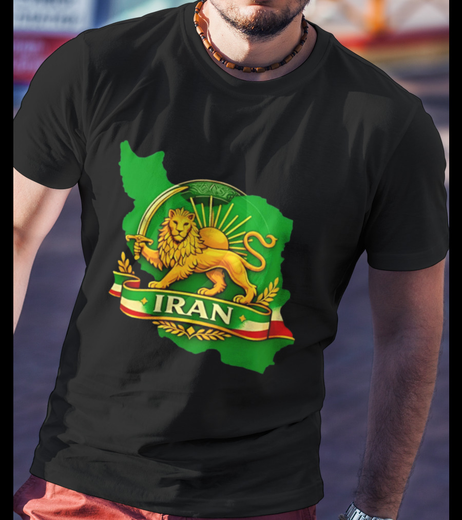 Iran Lion And Sun Emblem On Map Of Iran With National T-Shirt