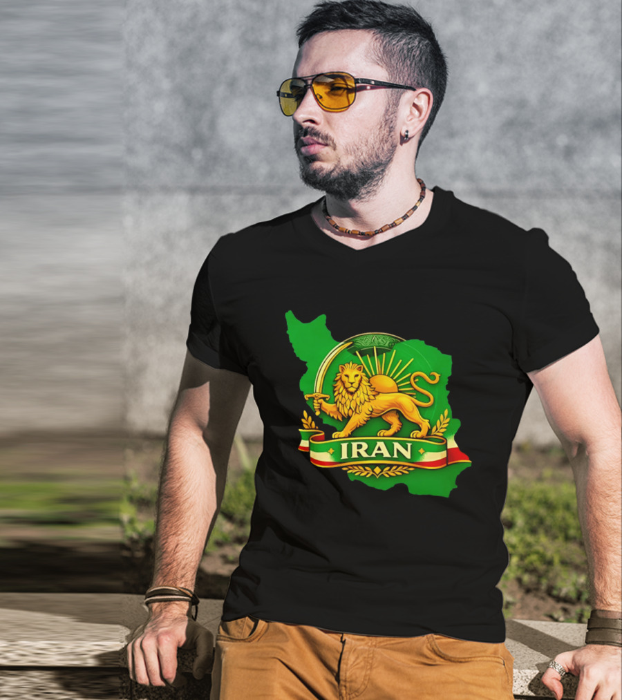 Iran Lion And Sun Emblem On Map Of Iran With National T-Shirt