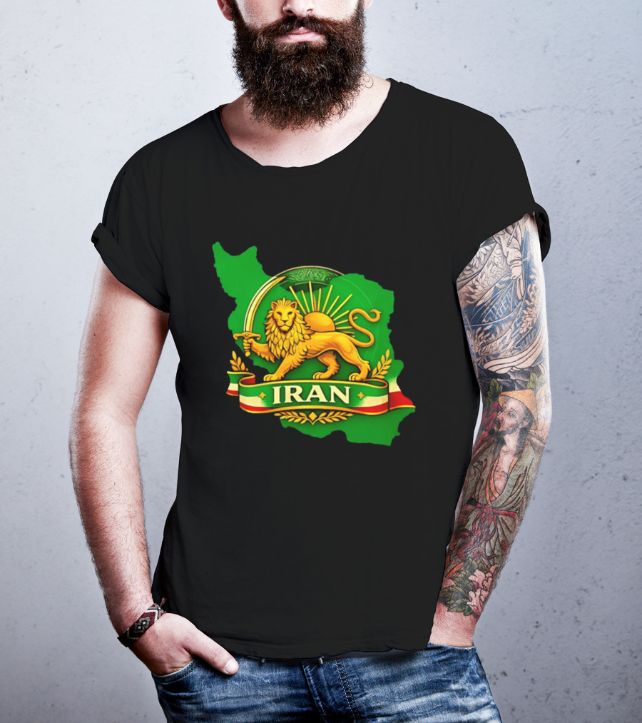 Iran Lion And Sun Emblem On Map Of Iran With National T-Shirt