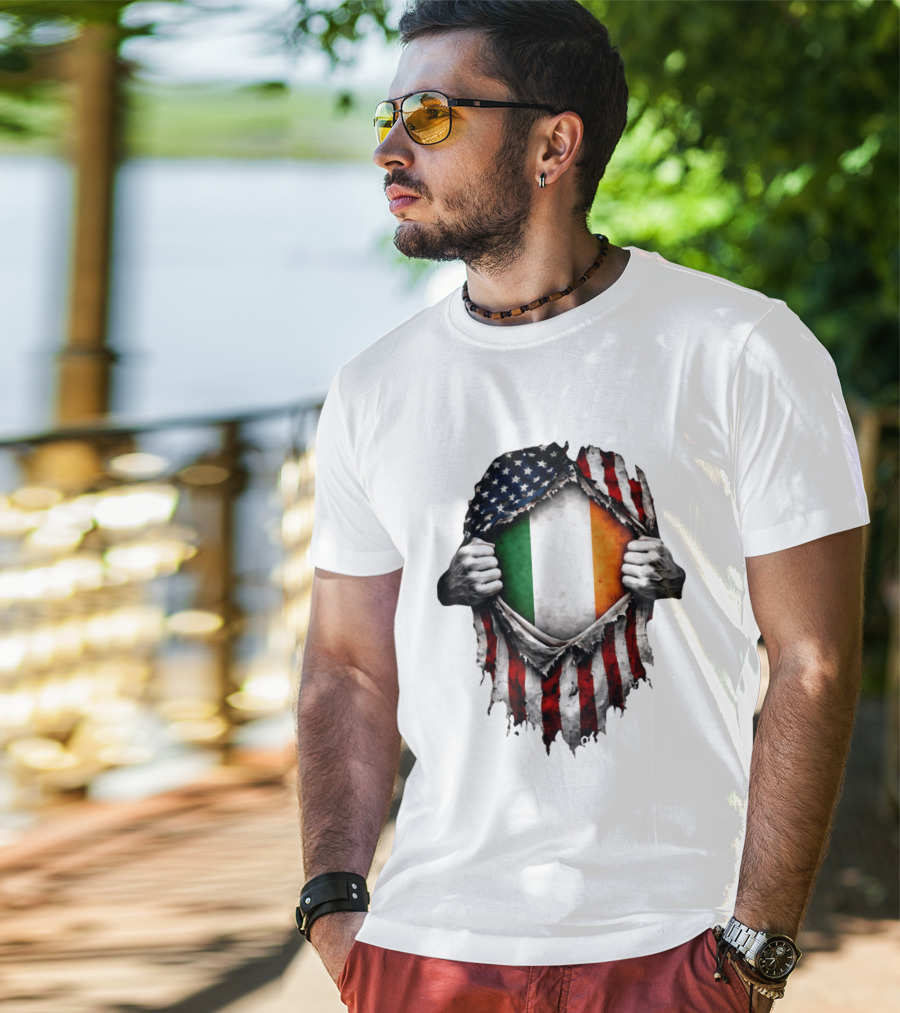 Irish Inside American Flag Tear With Ireland Flag T-Shirt