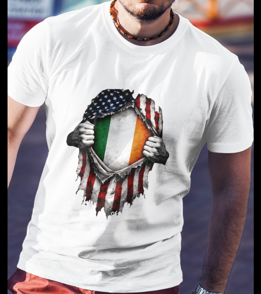 Irish Inside American Flag Tear With Ireland Flag T-Shirt