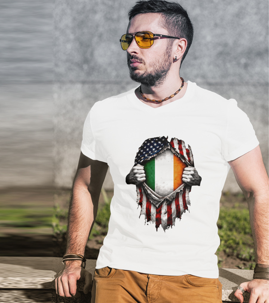 Irish Inside American Flag Tear With Ireland Flag T-Shirt