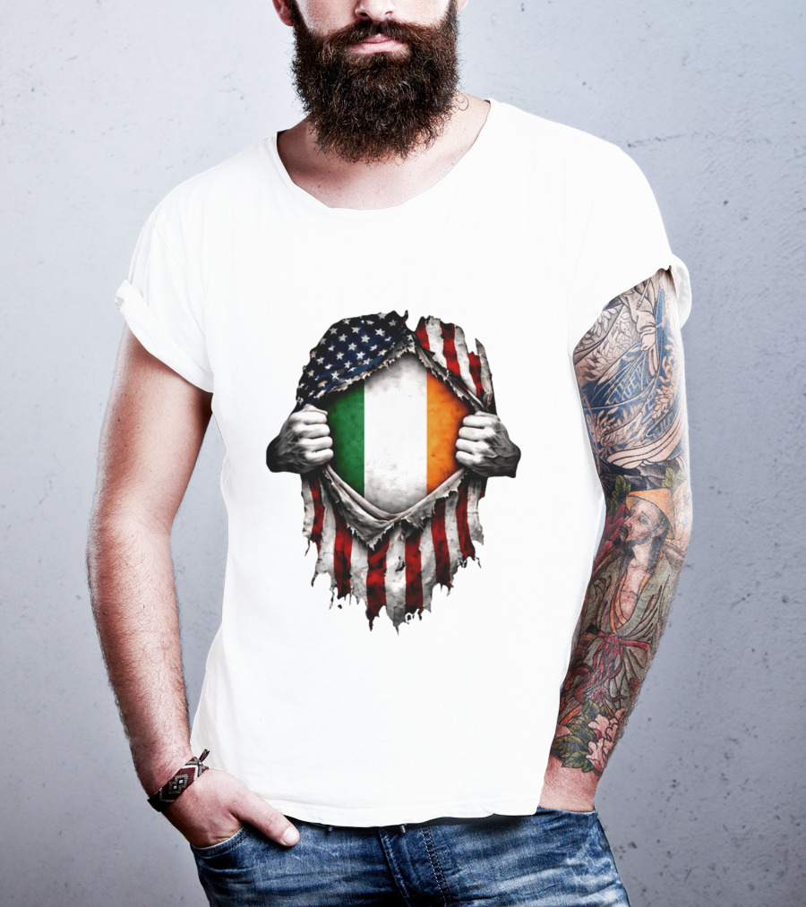 Irish Inside American Flag Tear With Ireland Flag T-Shirt