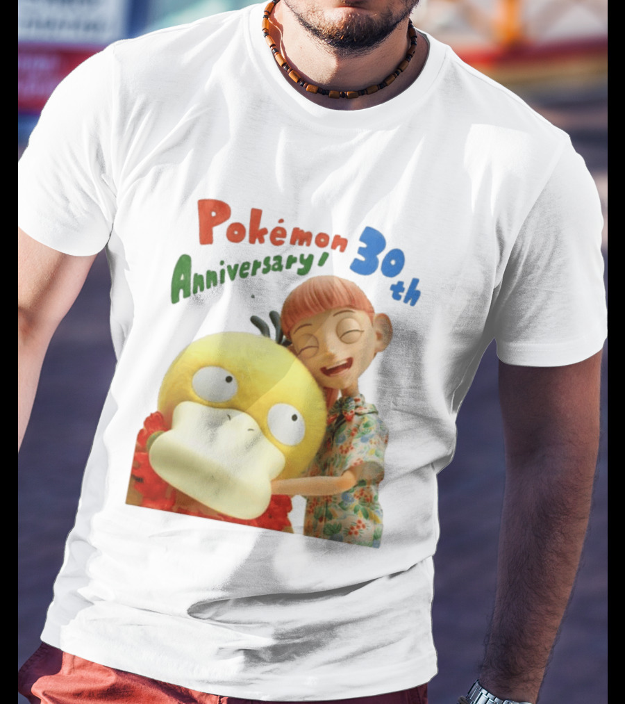 Pokémon 30th Anniversary Pokémon Concierge Psyduck Hugging Celebration T-Shirt