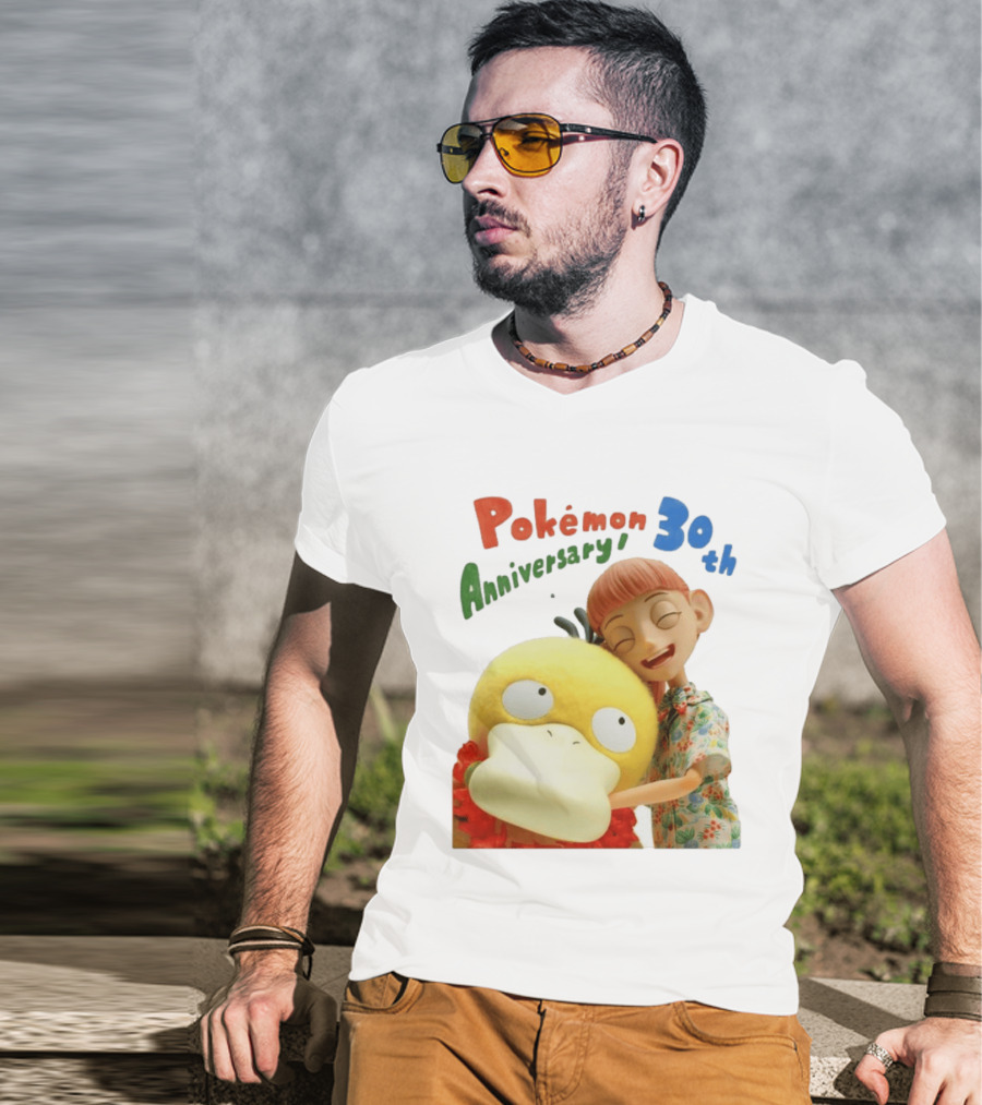 Pokémon 30th Anniversary Pokémon Concierge Psyduck Hugging Celebration T-Shirt