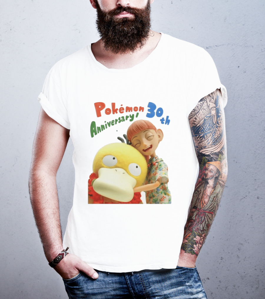 Pokémon 30th Anniversary Pokémon Concierge Psyduck Hugging Celebration T-Shirt