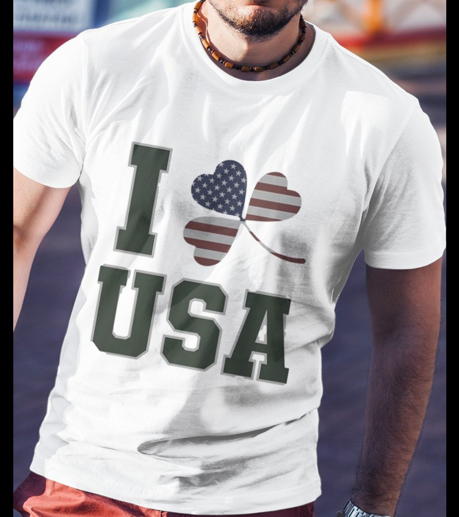 I Love USA St Patrick's Day Shamrock American Flag Heart T-Shirt
