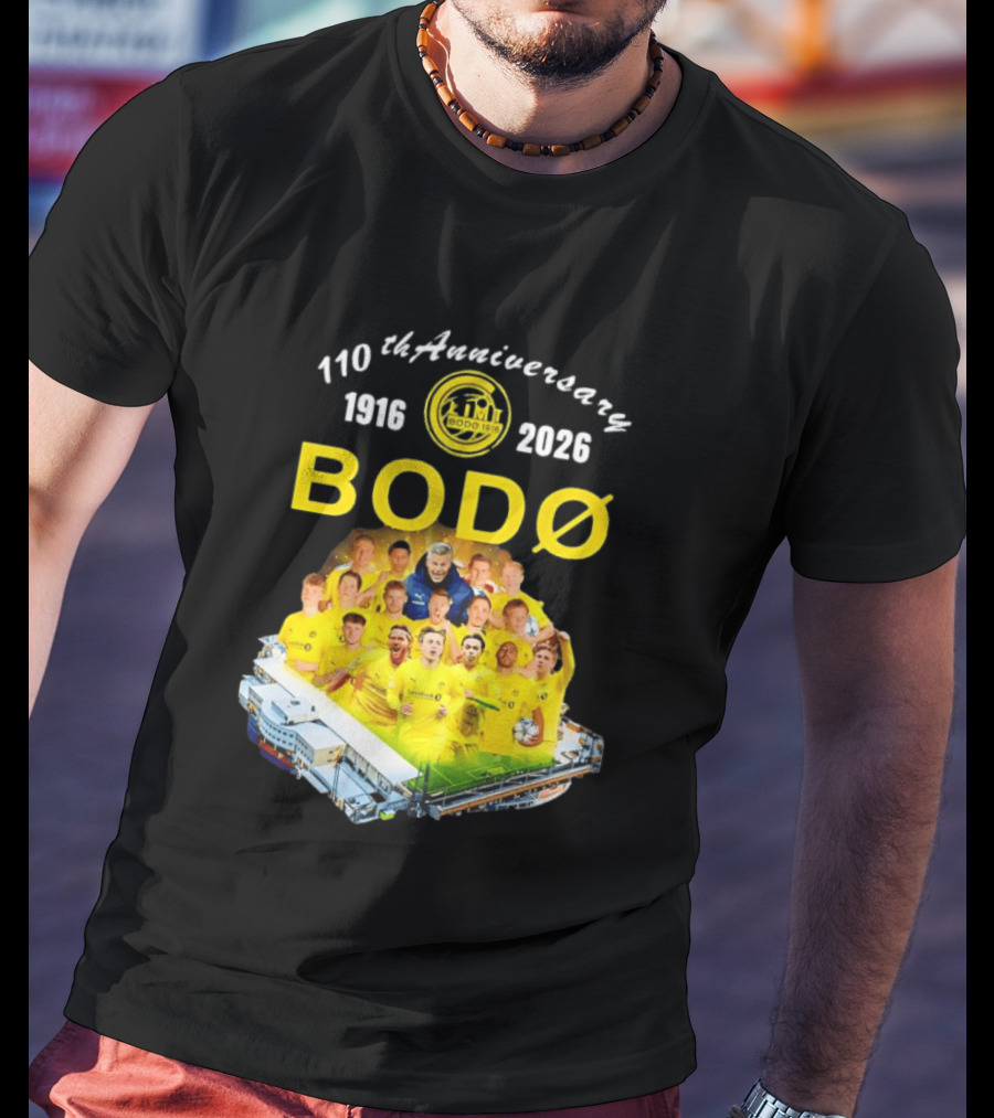Bodø Glimt 110th Anniversary 1916 2026 Aspmyra Stadion Collage Featuring Players And Signatures T-Shirt