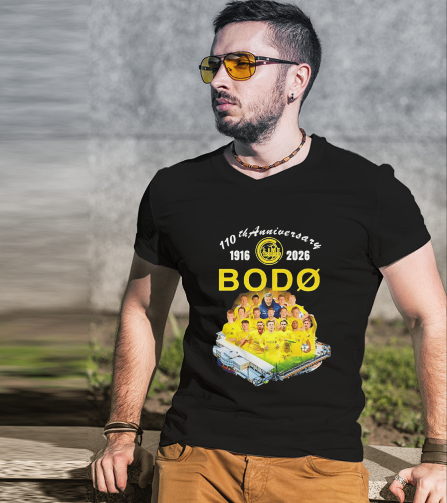 Bodø Glimt 110th Anniversary 1916 2026 Aspmyra Stadion Collage Featuring Players And Signatures T-Shirt