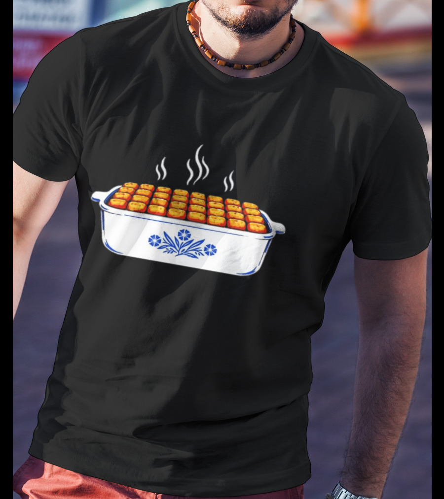Steaming Cornflower Pattern Tater Tot Hotdish Recipe Minnesota Comfort Food T-Shirt