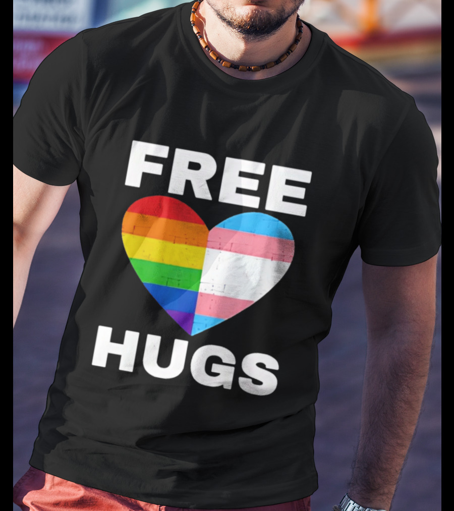 Free Hugs LGBTQ Rainbow Heart Pride T-Shirt