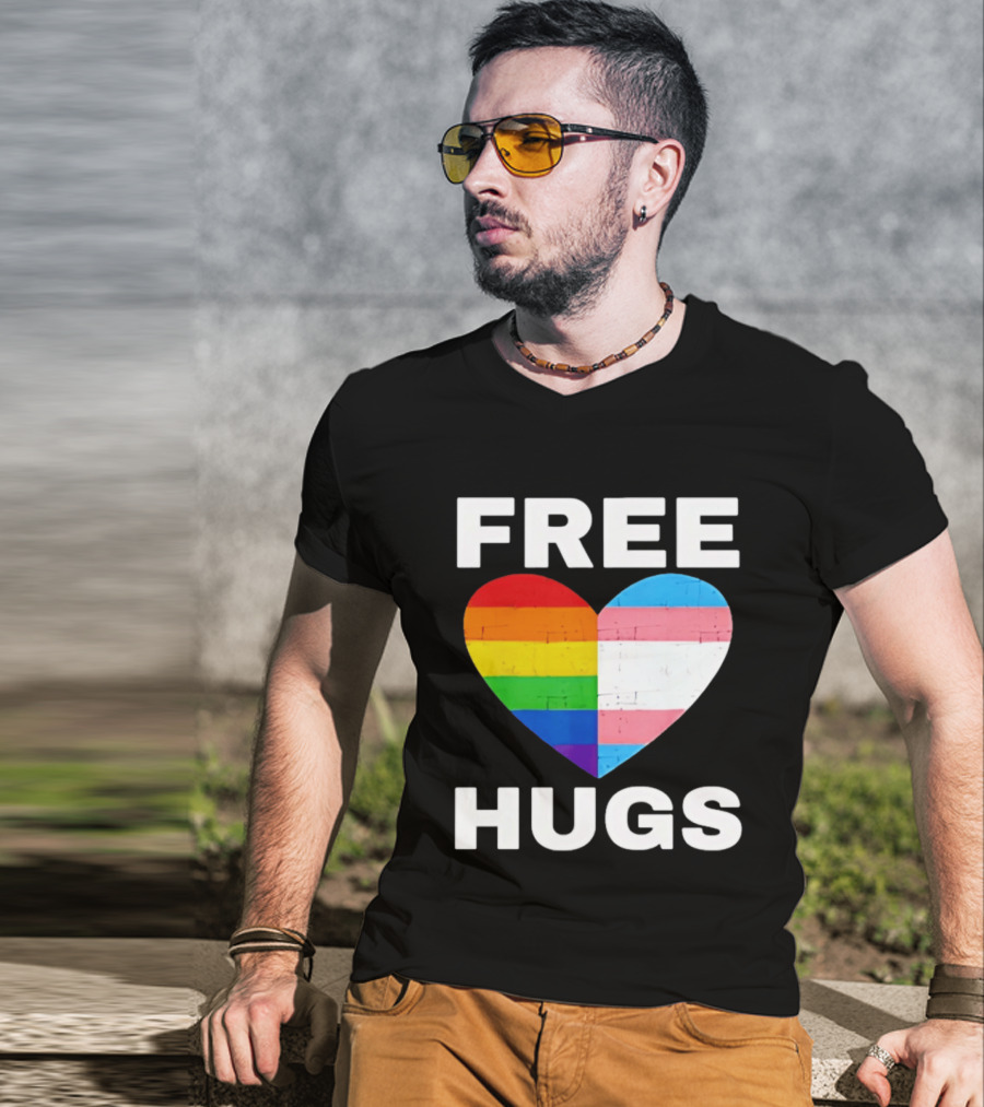 Free Hugs LGBTQ Rainbow Heart Pride T-Shirt