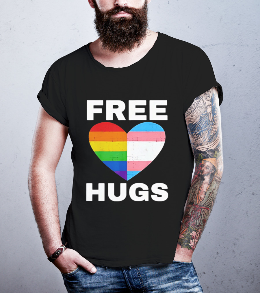 Free Hugs LGBTQ Rainbow Heart Pride T-Shirt