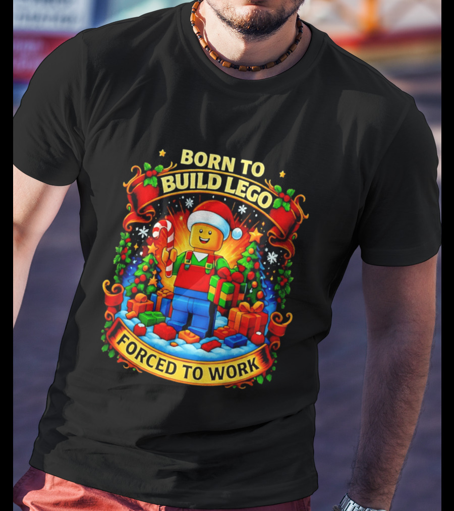 Santa Lego Born To Build Lego Forced To Work Christmas Cartoon T-Shirt
