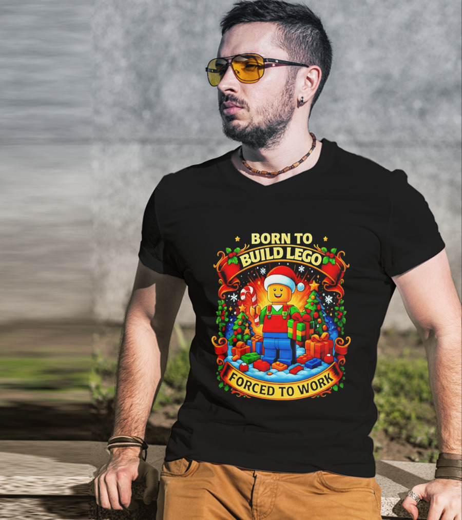 Santa Lego Born To Build Lego Forced To Work Christmas Cartoon T-Shirt