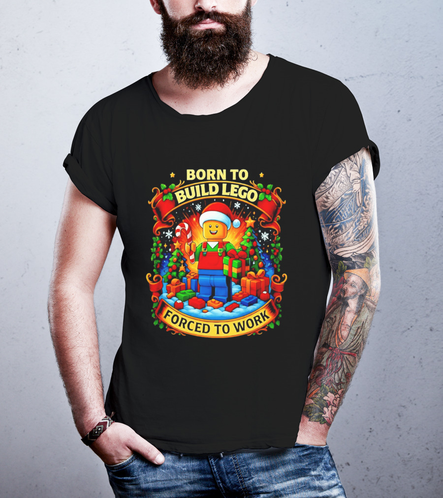 Santa Lego Born To Build Lego Forced To Work Christmas Cartoon T-Shirt