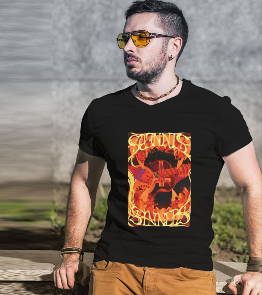 Sinners Pecadores Upside Down Guitar Person T-Shirt