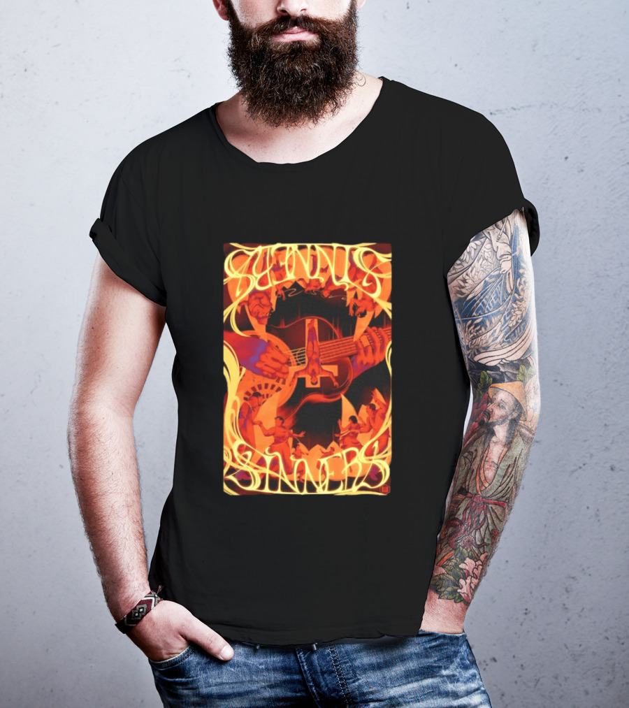 Sinners Pecadores Upside Down Guitar Person T-Shirt