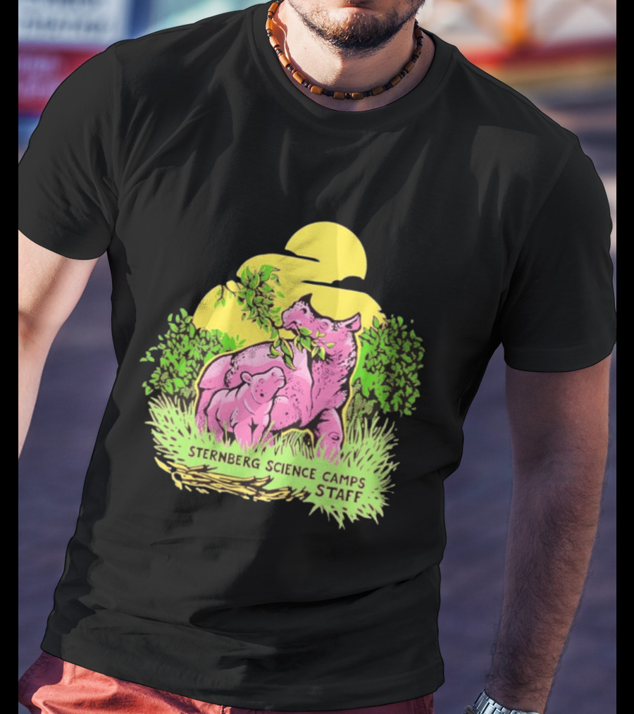 Sternberg Science Camps Staff Pink Dinosaurs Under Yellow Sun T-Shirt