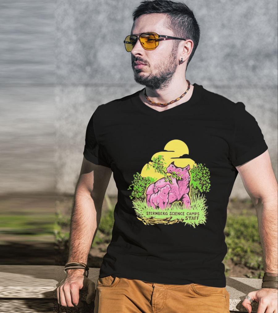 Sternberg Science Camps Staff Pink Dinosaurs Under Yellow Sun T-Shirt